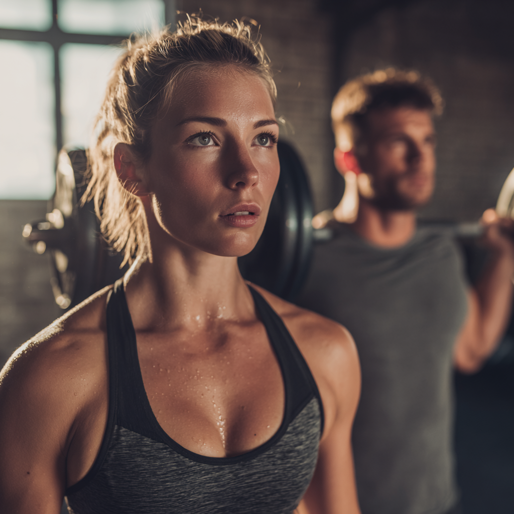 Smiling middle-aged Polish woman in comfortable workout attire stretching in a bright, airy fitness space