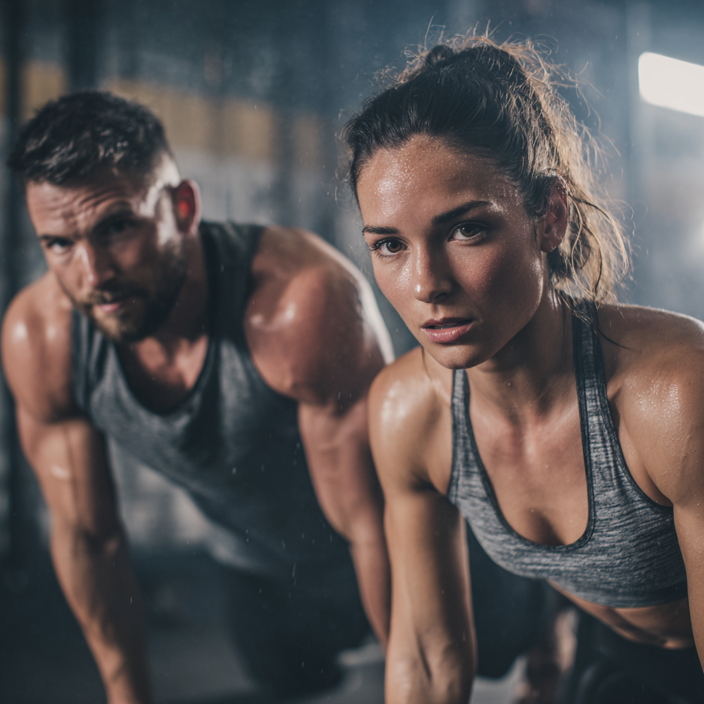 Group of diverse Polish adults of various ages performing bodyweight exercises together in a park setting, all smiling and engaged