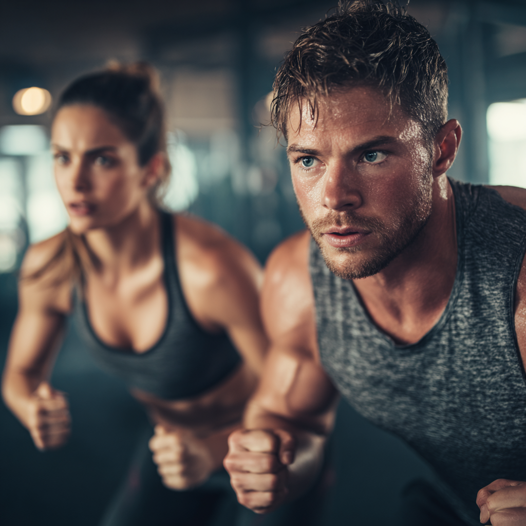 Smiling elderly Polish man and woman exercising with gentle movements in a peaceful outdoor setting, showing proper form and control